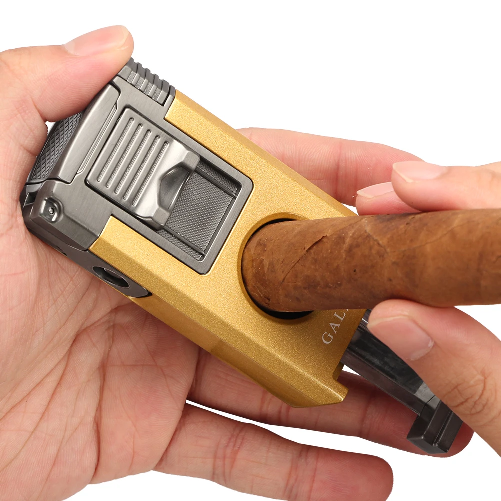 GALINER-encendedor de cigarros con cortador en V, encendedores portátiles de soplete de Gas butano, agujas de dragado de Metal, soporte para cigarros