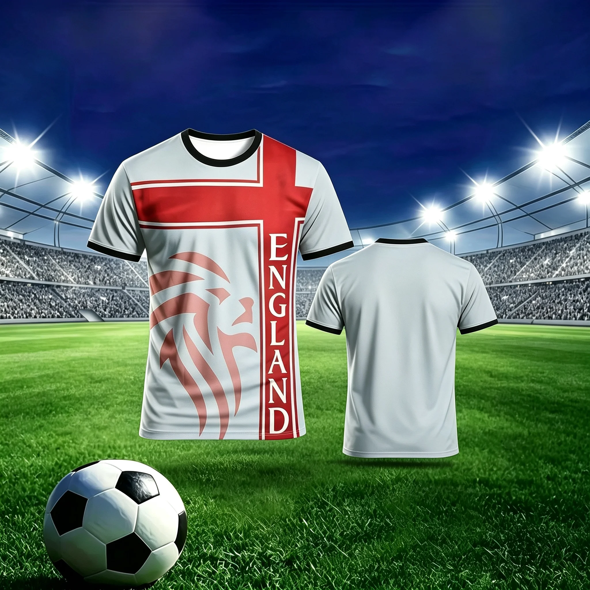 ENGLAND Letter Lion Print England Fan Sports Jersey, Retro Flag Splicing Design, Multi‑color Unisex For Soccer Game & Training