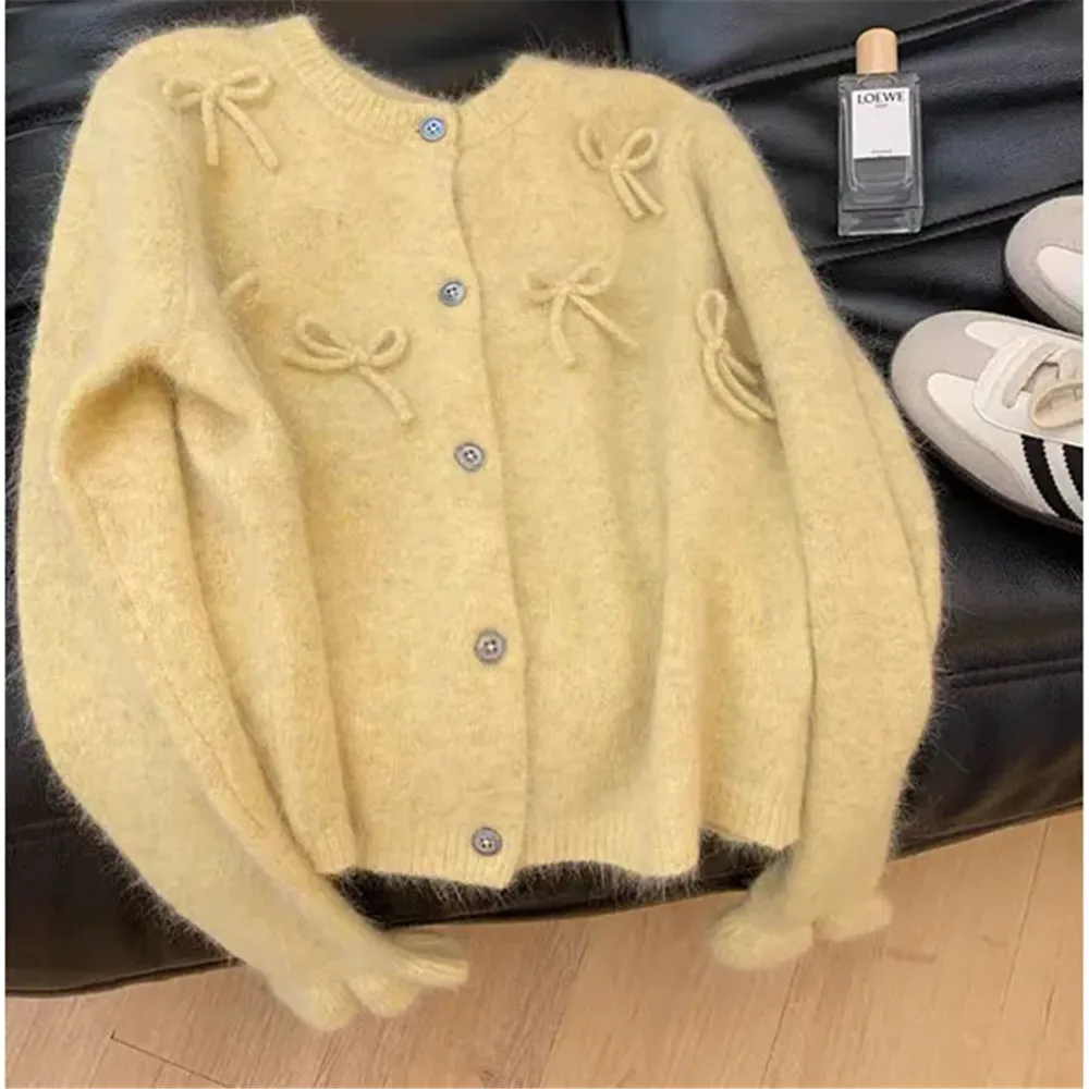 2024 Autumn/Winter Women\'S Knitted Cardigan Loose Japanese Preparatory Style Sweet Bow Yellow Lazy Knitted Cardigan Coat Sweater