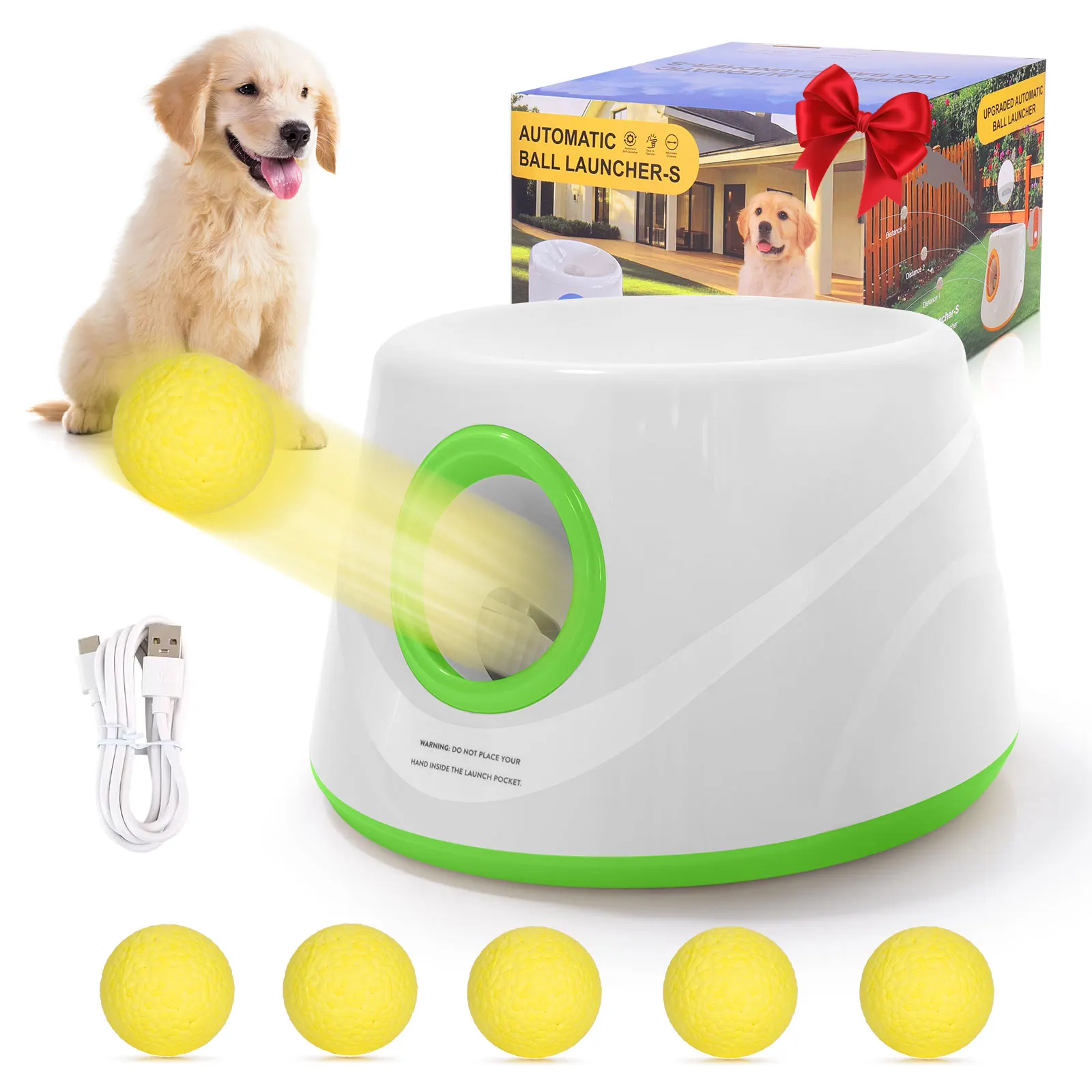 Nieuwe generatie automatische hondenbalwerper, interactieve honden tennisbalwerper met 5 ETPU ballen - Niet-toxisch, interactief hondenspeelgoed