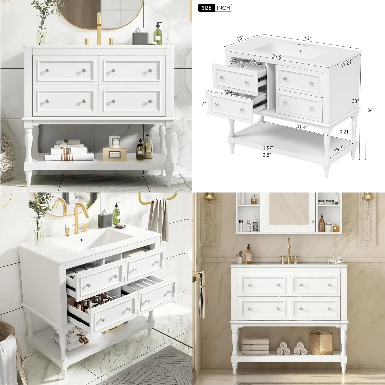 

36in Single Sink Bathroom Vanity Freestanding Solid Wood Cabinet 4 Drawers Open Shelf Storage, Customized