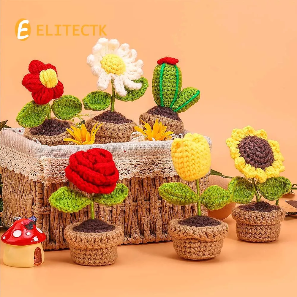 Crochet Flower Tuilp Daisy Artificial Flowers Hand-knitted Flower Homemade Crochet Knitted Flower Car Home Desktop Decoration