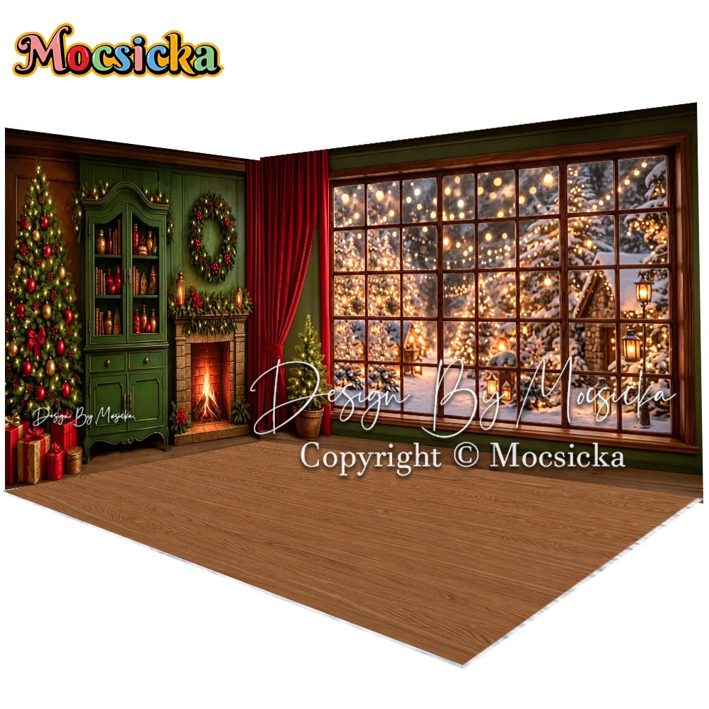 Mocsicka Backdrop Photography Christmas Fireplace Green Window Snow Village Lights Wreath Tree Holiday Background Studio Photo