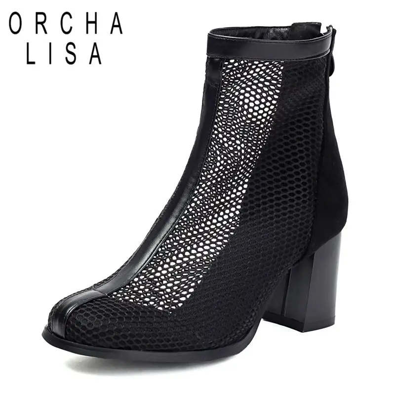 

ORCHA LISA Брендовые летние ботильоны с круглым носком на блочном каблуке 6,5 см, молния, дышащая сетка, большой размер 44, 45, 46, повседневная обувь для отдыха