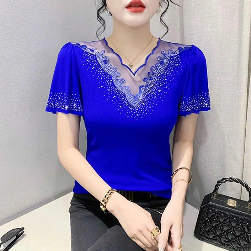 Sexy V-Neck Lace T-Shirt Women Short Sleeve European Design Sensual Gathers Upper Body Heavy Embellished Tight Fit Small Shirt