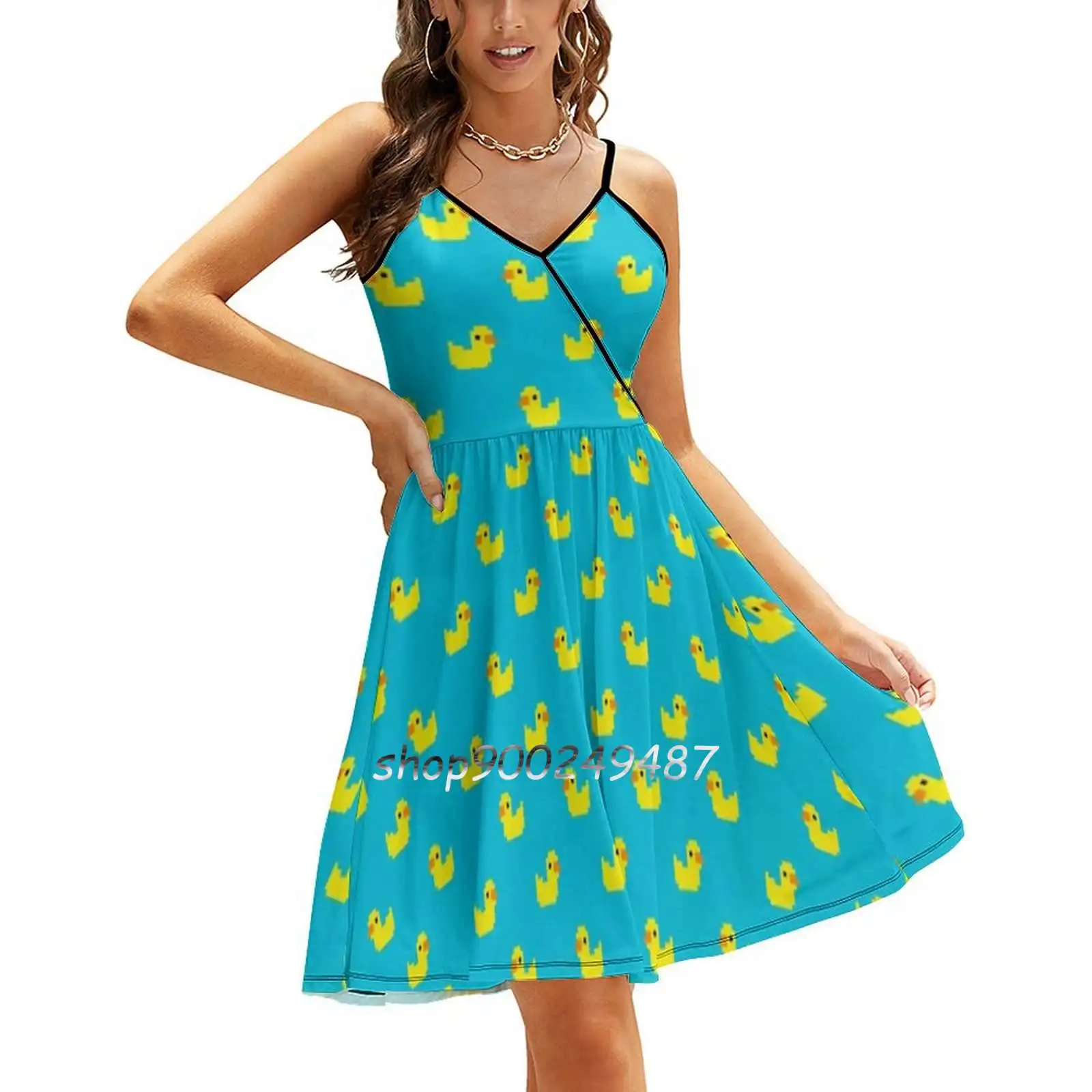 Ducks New Summer Cut Sexy Dresses Ladies Club Wear Party Sundresses Duck Ducks Pixel Art Pattern Yellow Blue 8 Bit