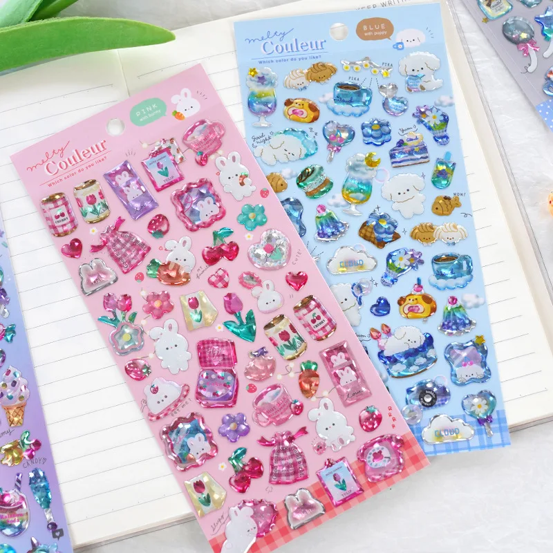 Cute Cartoon Animal Crystal Sticker Japanese Girl Heart Shining Cat Eye Children Stationery Sticker Gift Decor Art