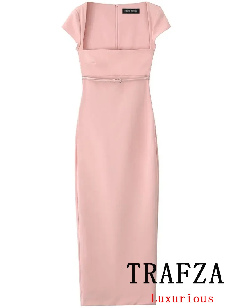 TRAFZA Vintage Casual Chic Pink Women Dress Solid Belt Zipper Slash Neck Slim Long Straight Vestidos Fashion 2024 Autumn Dress