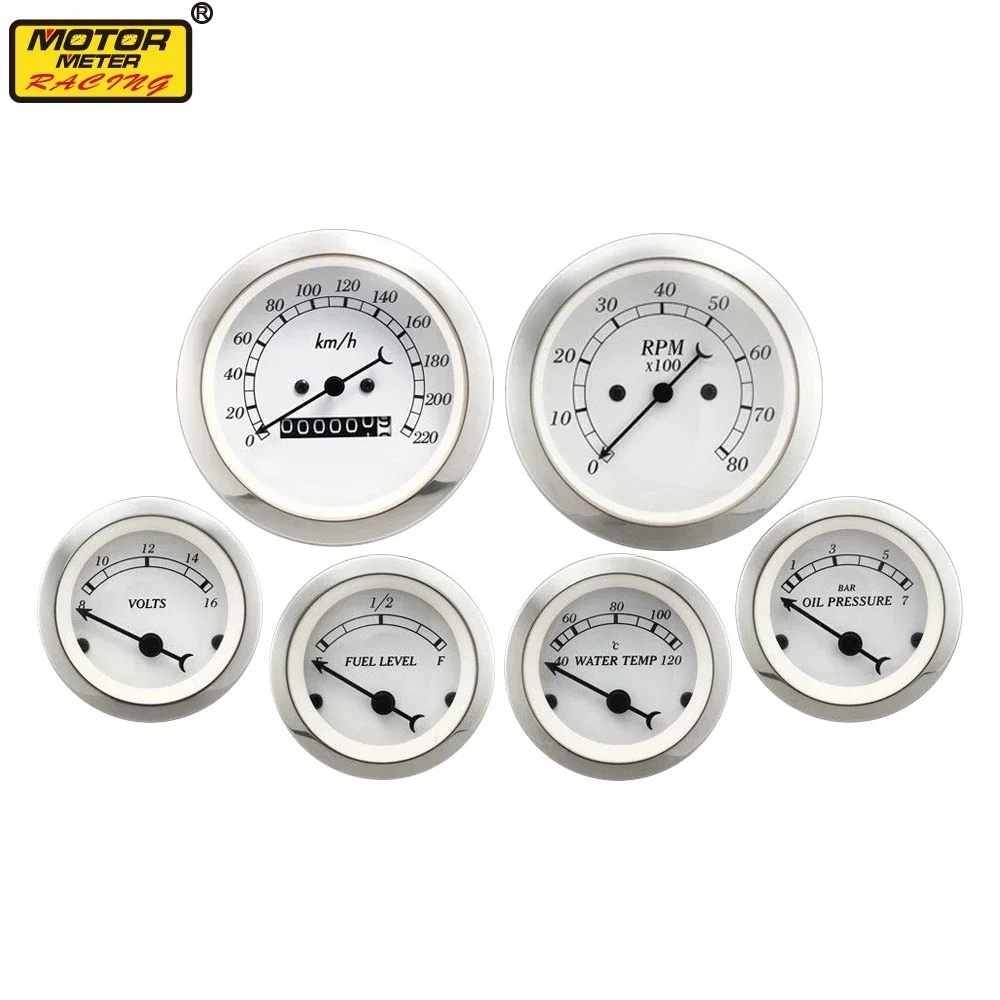 52mm White Face Black Pointer Car Fuel Oil Pressure Volt Water Temperature Gauge 85mm Tachometer Speedometer 6 In 1 KMH C BAR