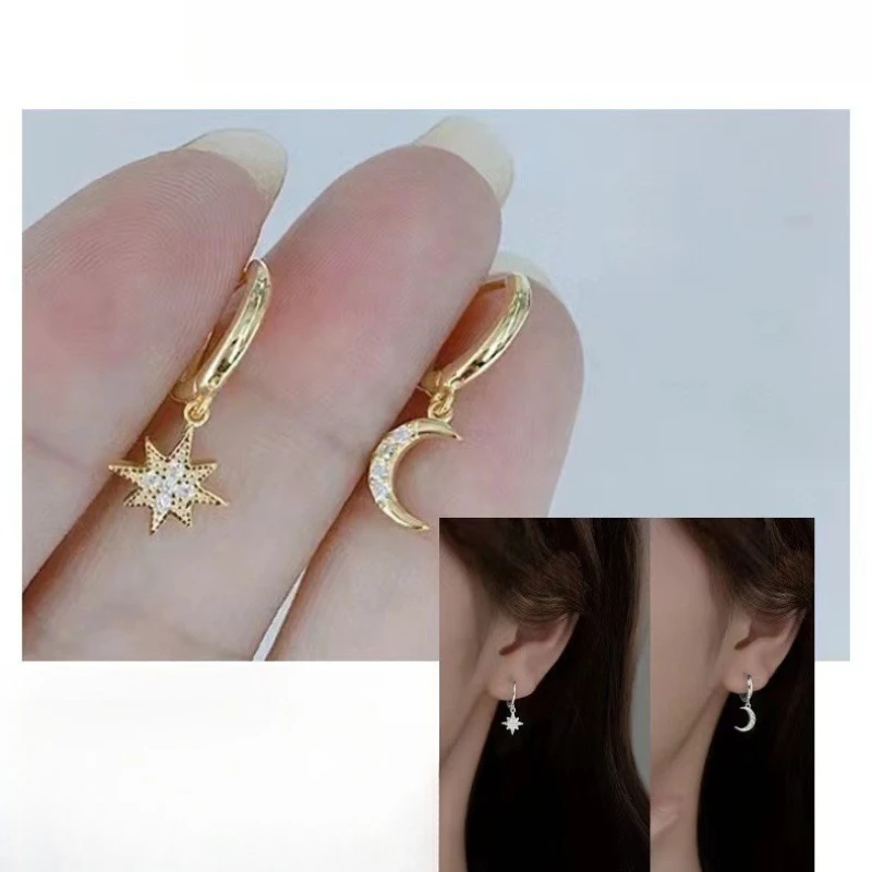 Fashionable 1Pc Titanium Steel Eyes Moon Star Cone Inlaid Zircon Earrings Pierced Unisex Jewelry Gifts