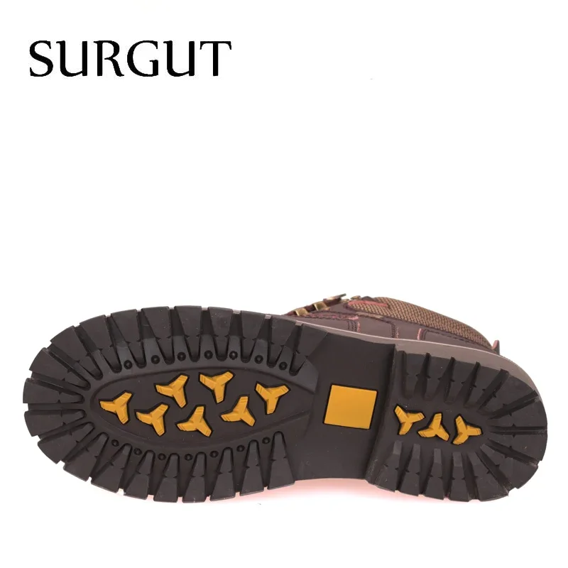 SURGUT Winter Men Leather Working Boots Classic Men Warm Fur Snow Boots Outdoor Brand Men Motorcycle Boots Lace Up Tooling Shoes