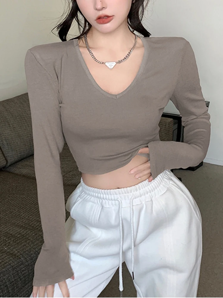 

Spring Basic Solid T Shirt For Women V Neck Tshirts Sexy Slim Crop Tops Female 2025 Long Sleeve White Black Tees Womens Clothing