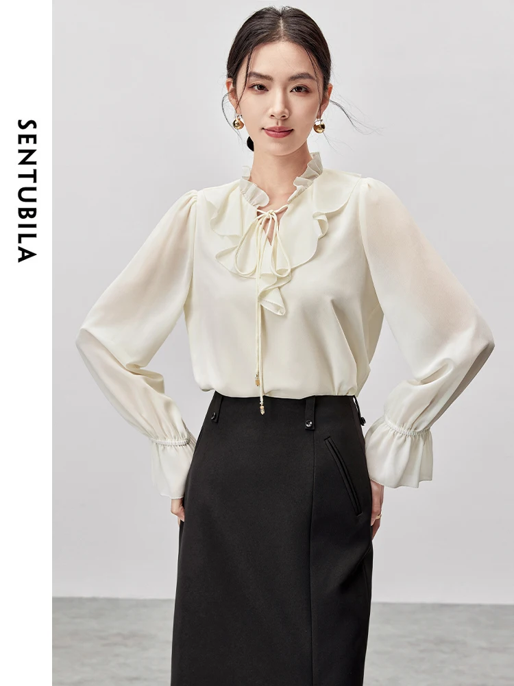 SENTUBILA Ruffled Collar Lace-up Bow Shirts for Women 2024 Autumn Chiffon  New Flared Long Sleeve Top Womans Clothing 143V56020