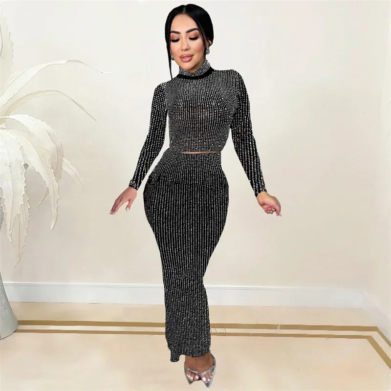 Women Hot Drilling Party 2 Piece Sets High Neck Long Sleeve Skinny Mesh Top High Waist Split Long Skirts Sexy Rhinestone Outfits