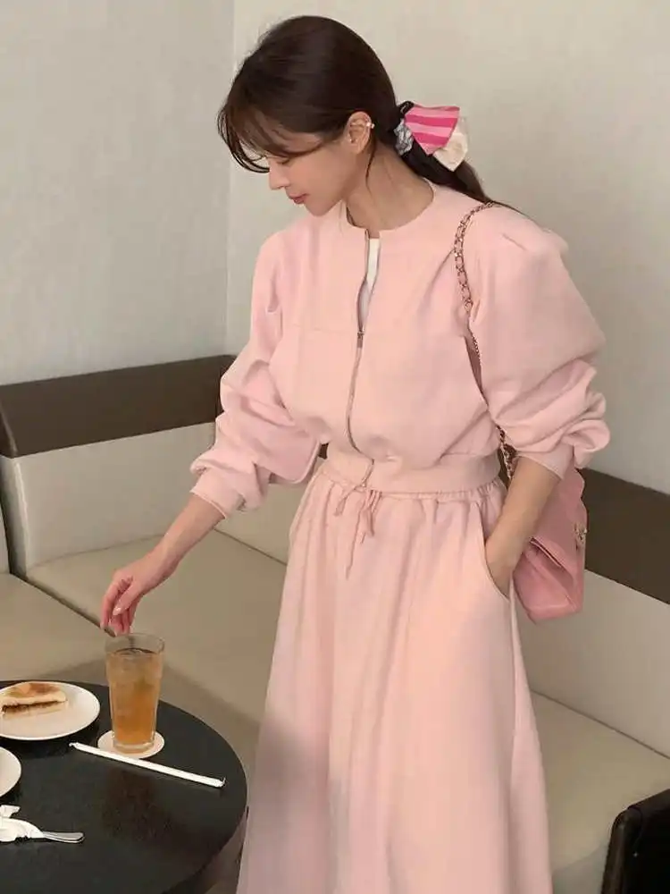 

Women's Stand Collar Sweatshirt Jacket Short Style Casual Fashion Set with Pocket Elastic Waist A-Line Skirt Two-Piece Set