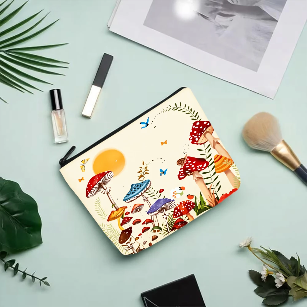 Mushroom Forest Sun Butterflies Leaves Makeup Bags for Girls Cosmetic Pouch Toiletry Bag Pencil Case Travel Storage view 5