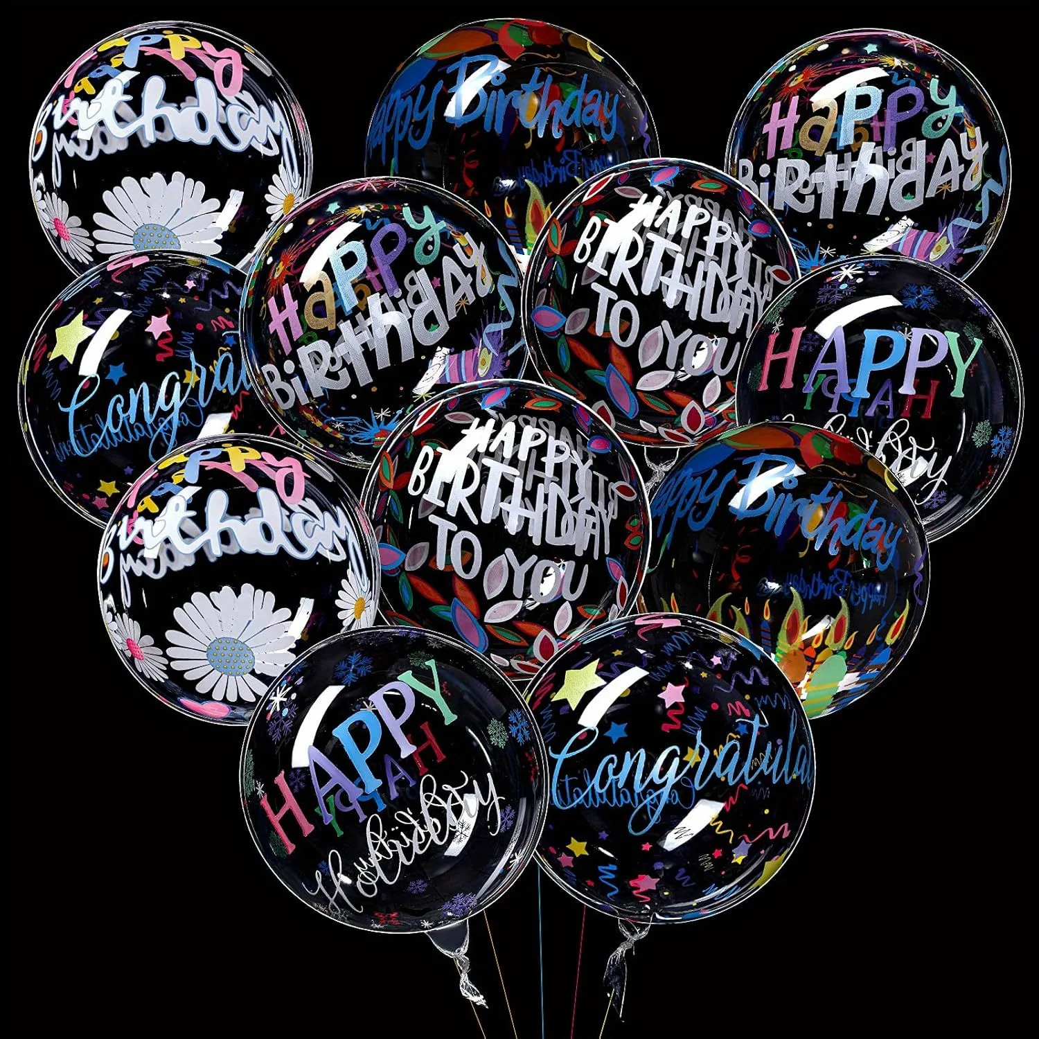 12Pcs 20 Inch Transparent Bubble Balloons 6 Styles Colorful 4D Clear Round Balloons Happy Birthday Wedding Party Decorations