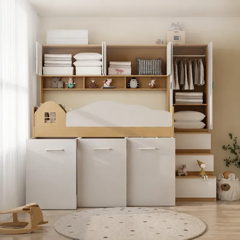 Half Height Bed with Pull Out Wardrobe Integrated Storage Unit for Small Apartment Room Baby Bed Space Saving Furniture