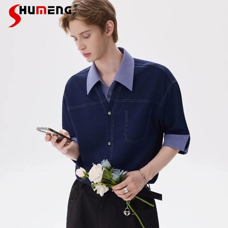 

Men's 2026 Summer Comfort Half-Sleeve Shirts High-end Lapel V-Neck Faux Two-piece Shirts Male Handsome Color Matching Chic Tops