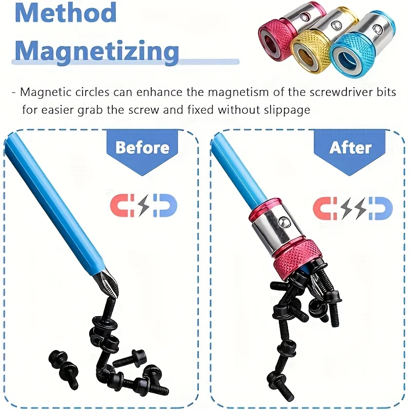 6-Piece Universal Magnetic Screw Ring Drill Bit Set, Metal Magnetized Screwdriver Bits, Alloy Electromagnetic Ring Drill Bits, Non-Slip Magnet with Cross-Head Screwdriver Magnetizer, Suitable for Drill Bits