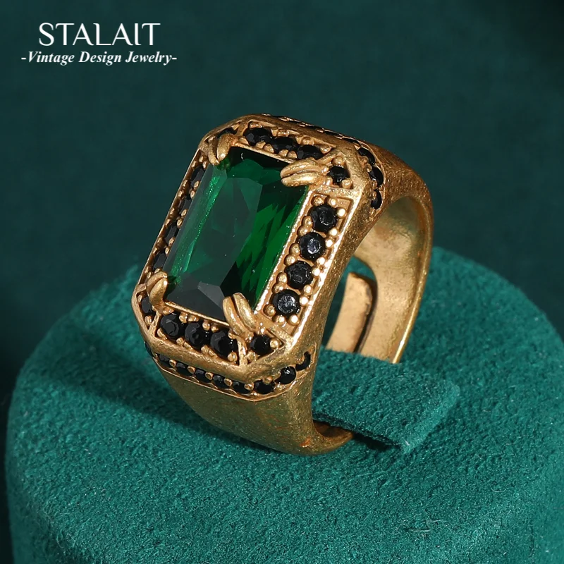 

Vintage Emerald Green Crystal Rings Dubai Gold Color Jewelry Rectangle Woman Luxury Designer Antique Black Party Accessories