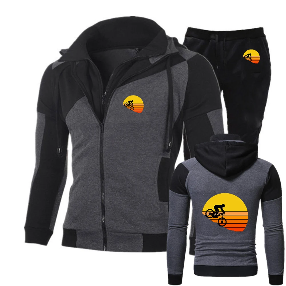 

2026 Sports bike enthusiasts Print Spring And Autumn Men's New Casual Diagonal Zipper Fashion Hoodie + SweatPants Suit