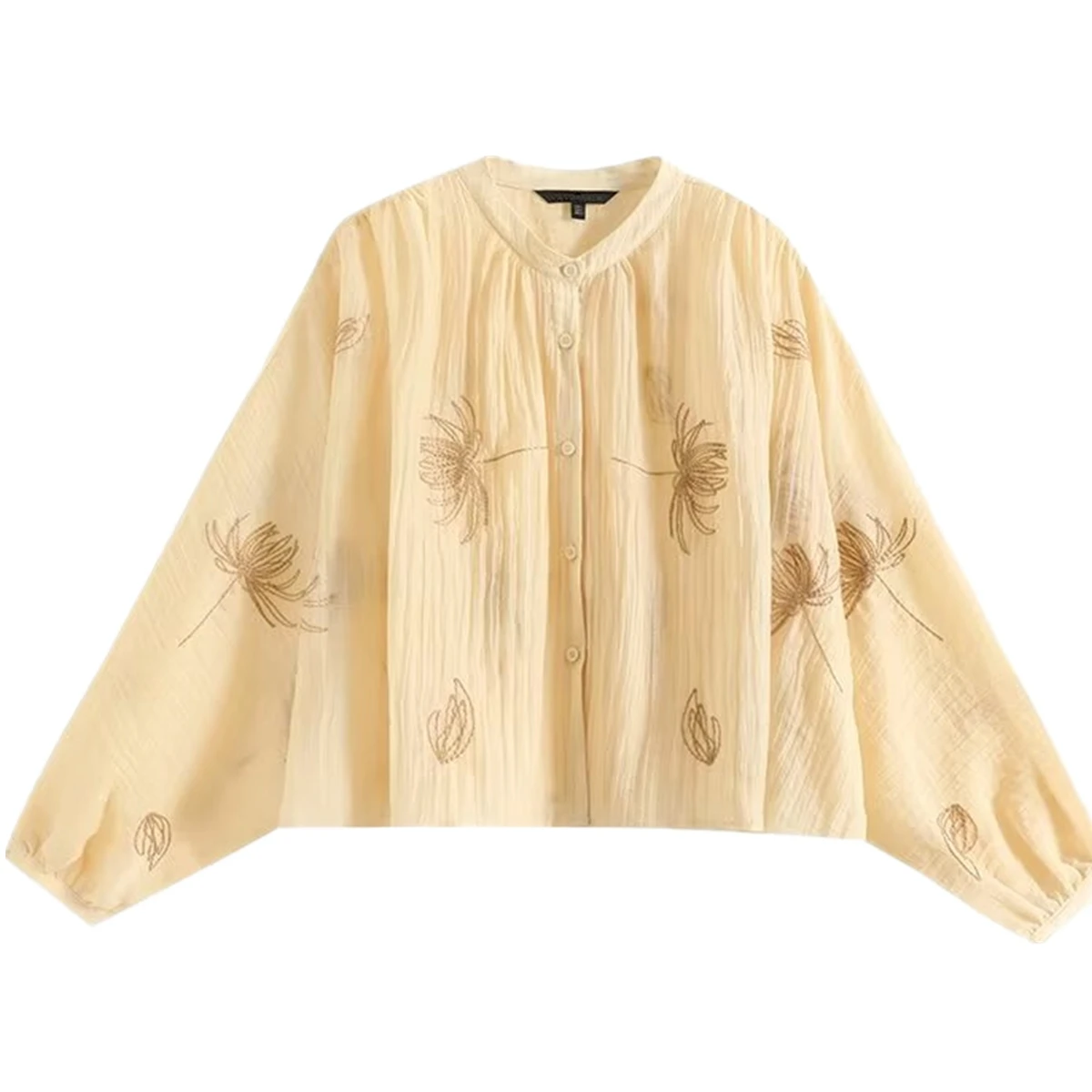 

Withered Summer Blouse French Shirt Women Elegant Beige Embroidered Loose Fitting Blusas Mujer De Moda 2024 Shirt