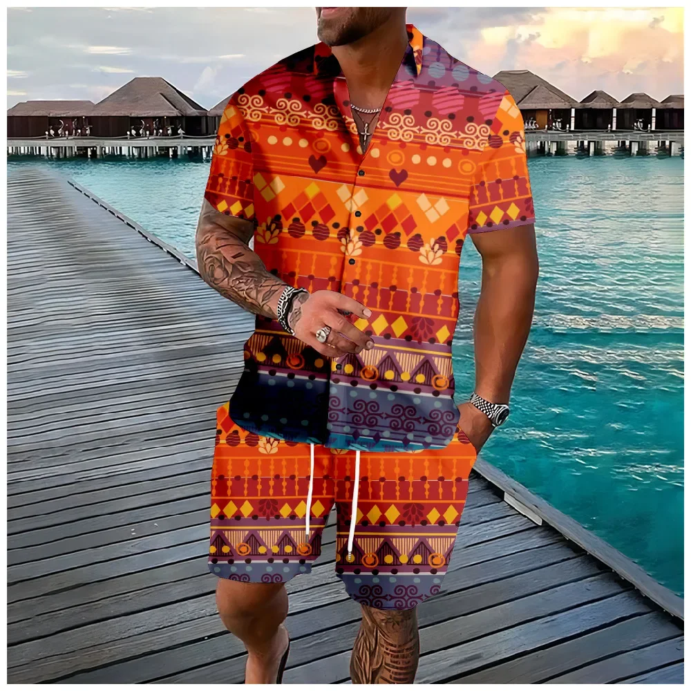 Hawaiian Sets Tribe Pattern Button Shirts Shorts Summer Geometry Mix Colors Beach Hipster Streetwear Tracksuits Men Clothing