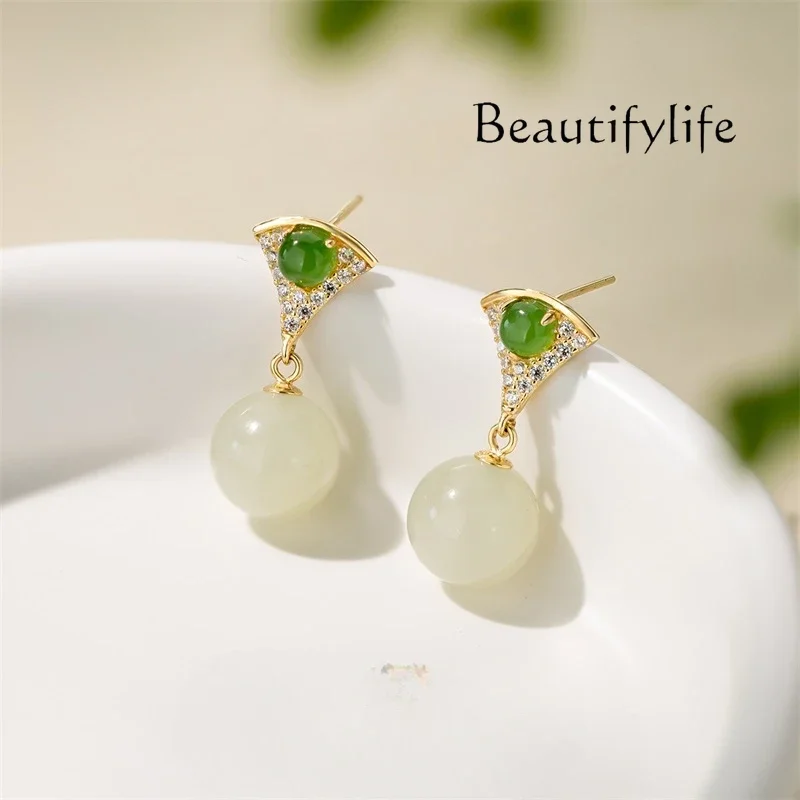 Hetian jade cold fan earrings jade white jade stud earrings women's sterling silver new earrings