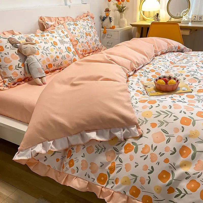 

Fashion Lattice Bedding Set Bed Sheet Cute Princess AB Double Sided Ruffle Flower Quilt Cover Pillowcase Bedclothes Home Textile