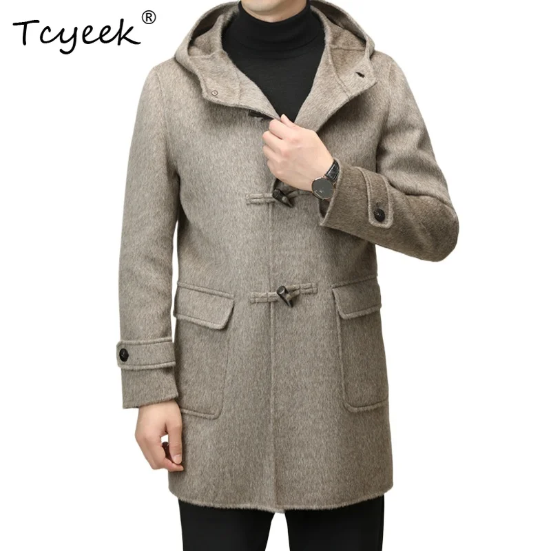 Tcyeek Real 100% Wool Spring Autumn Korean Version Hooded Horn Buckle Men's Wool Coat Пальто Женское Длинное Casacos Masculinos