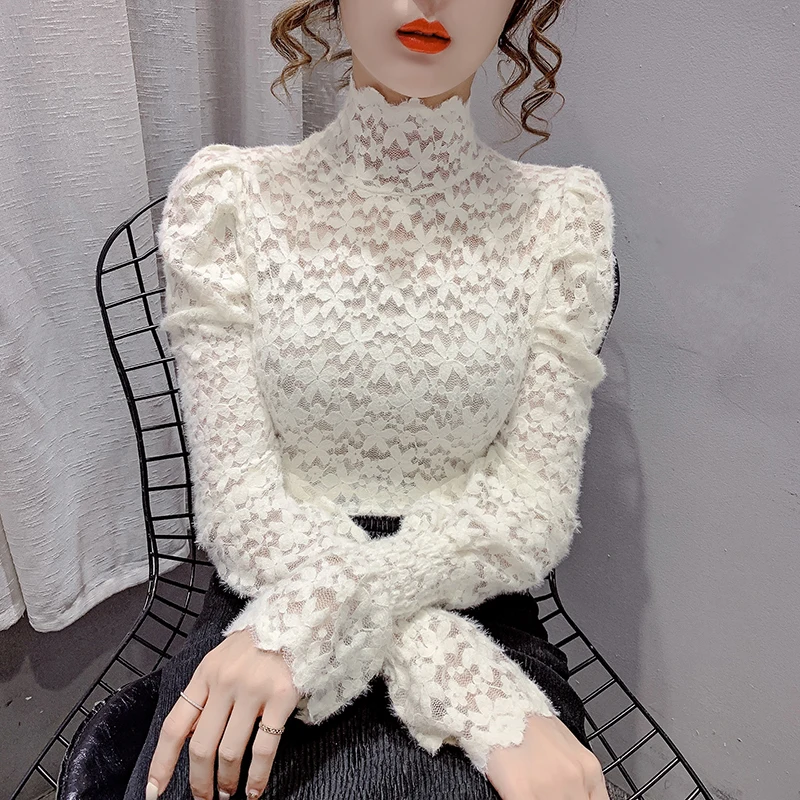 

Spring New Lace Tops Turtle Neck Long Sleeves Hollowed Chest Slim Fit Women Lace T-shirt