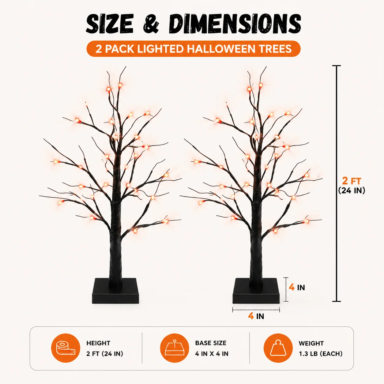 Halloween Tree Lights, 2 Pack LED Orange Purple Halloween Decor 2 Pack Halloween Tree Lights with 48 LEDs, Orange & Purple Glow, USB and Battery Powered for Indoor Halloween Decorations