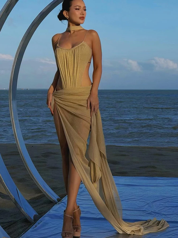 

Nibber Vacation Glitter Folds 3Piece Set Women Scarf+Low-Neck Backless Sleeveless Bodysuit+Irregular Hem Skirt Beach Party Suits