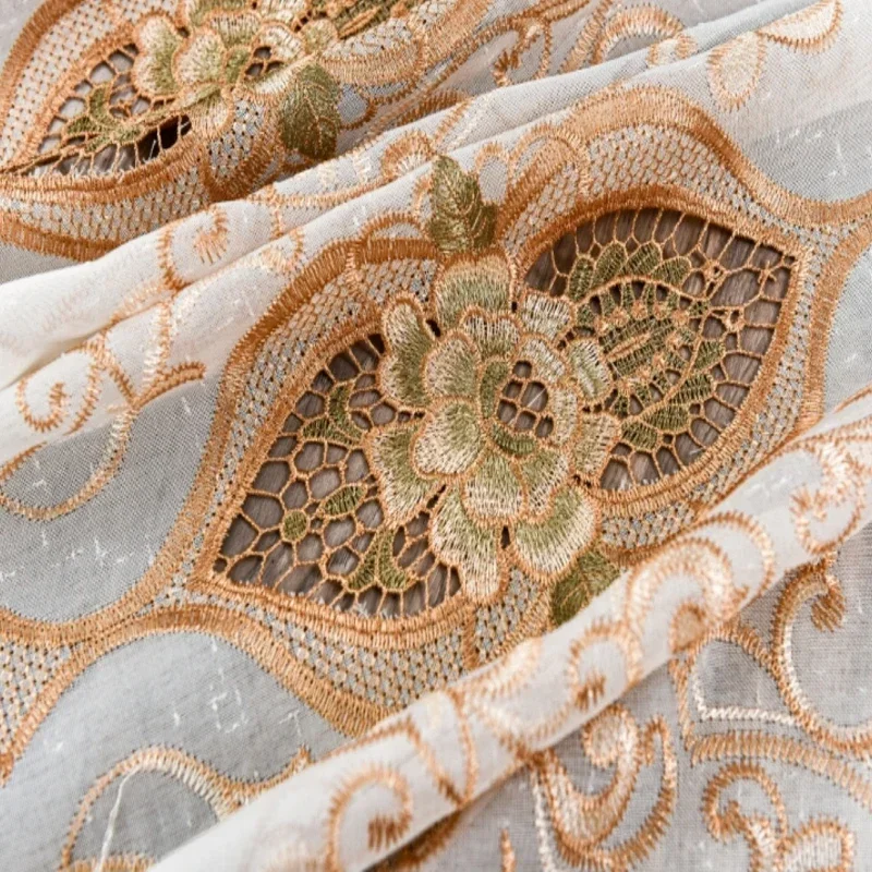 

European Luxury Hollow Embroidery Coffee White Tulle Sheer Curtains for Living Room Bedroom Dining Thicken Window Custom Thicken