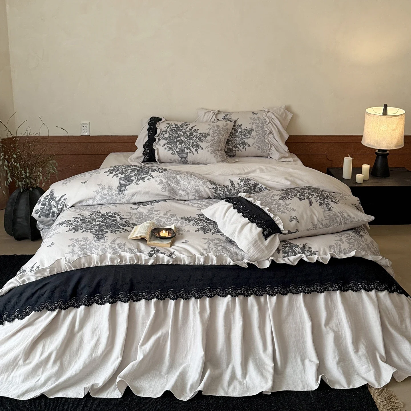 Vintage Floral Print Lace Ruffles 100% Cotton Double-layer Yarn Bedding Set Duvet Cover Flat/Fitted Bed Sheet Pillowcases 4Pcs