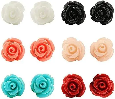 JewelrieShop Handcrafted Assorted Colors Rose Flower Earring Studs for Women Girls, Stainless Steel Hypoallergenic Earring Pins