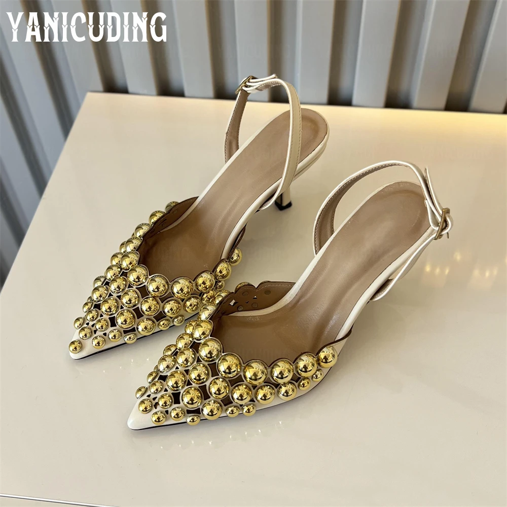 Metallic Beaded Hollow Pumps Back Buckle Pointed Stilettos Customizable Multicolor Leather High Heels for Women Handmade Pumps