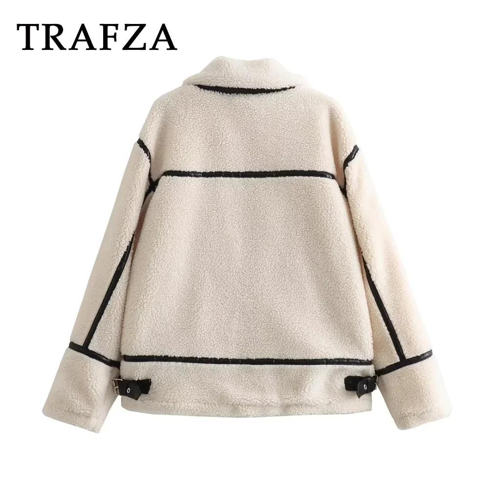 TRAFZA 2023 Women Autumn Winter lambswool Casual Jackets Fashion Streetwear Solid Loose Zippers Demi-season Jacket For Women