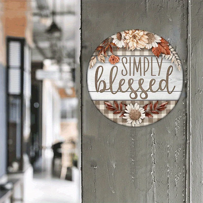 1pc 8x8inch Rustic Chic Aluminum Metal Sign - Distressed Finish, Simply Blessed Wreath Design, Round Shaped, Door Decor