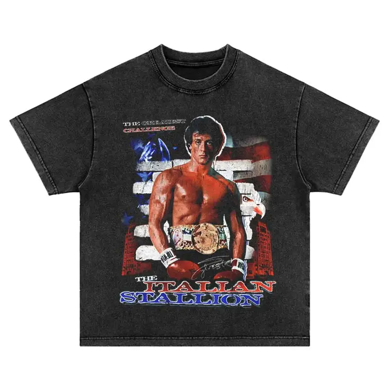 Harajuku Streetwear Hip Hop 2025 Vintage Men Loose T-Shirt Portrait Boxer Printed Oversize Washed Tops Leisure Cotton Tshirt