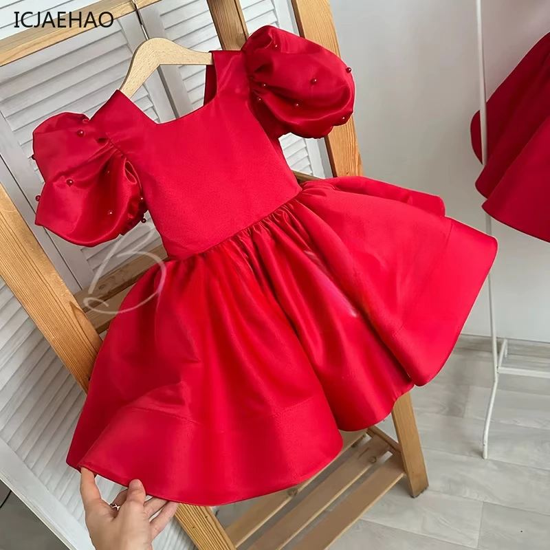 2025 New Girls Dress Glossy Satin Pearlescent Pettiskirt Silk Dress Pearl Beading Puff Sleeve Infant Toddler Party Clothes 1-10Y