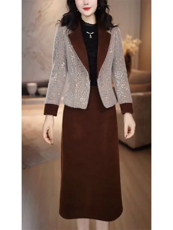 

Fashionable Small Fragrance Style Set Women's High Waist A-Line Skirt Slimming Belly Covering Autumn Winter New Arrival Luxur...