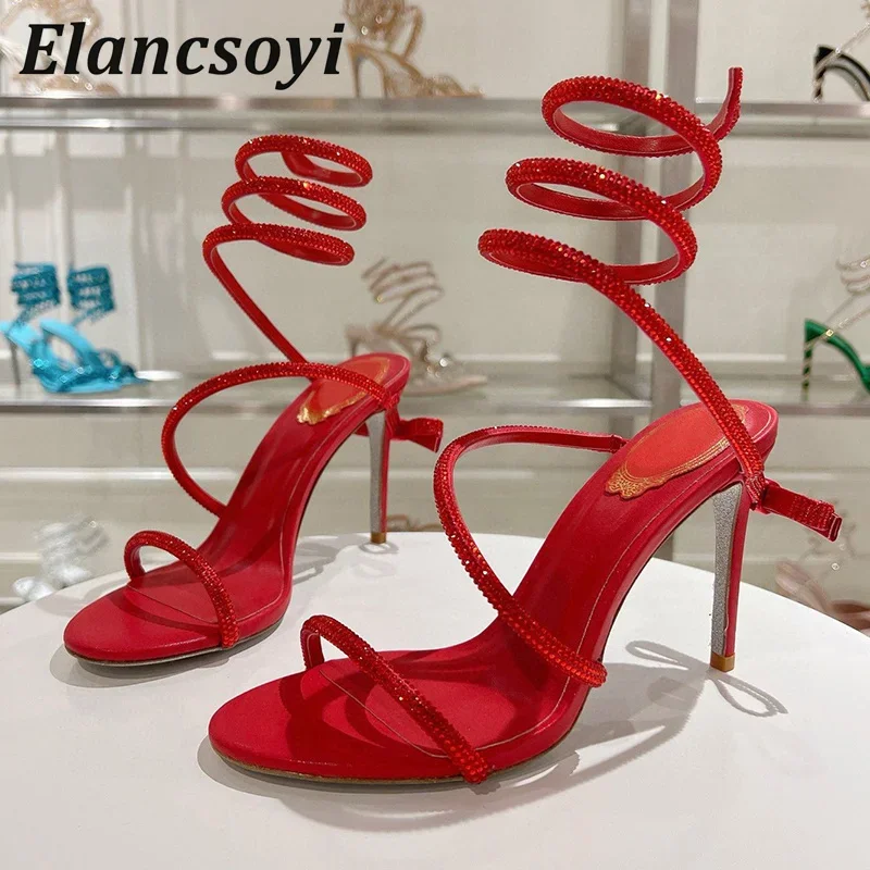 Sandalias Shiny Rhinestone Back Bow Thin High Heels Sandals Women Snake Shaped Winding Summer Fashion Party Dress Wedding Shoes