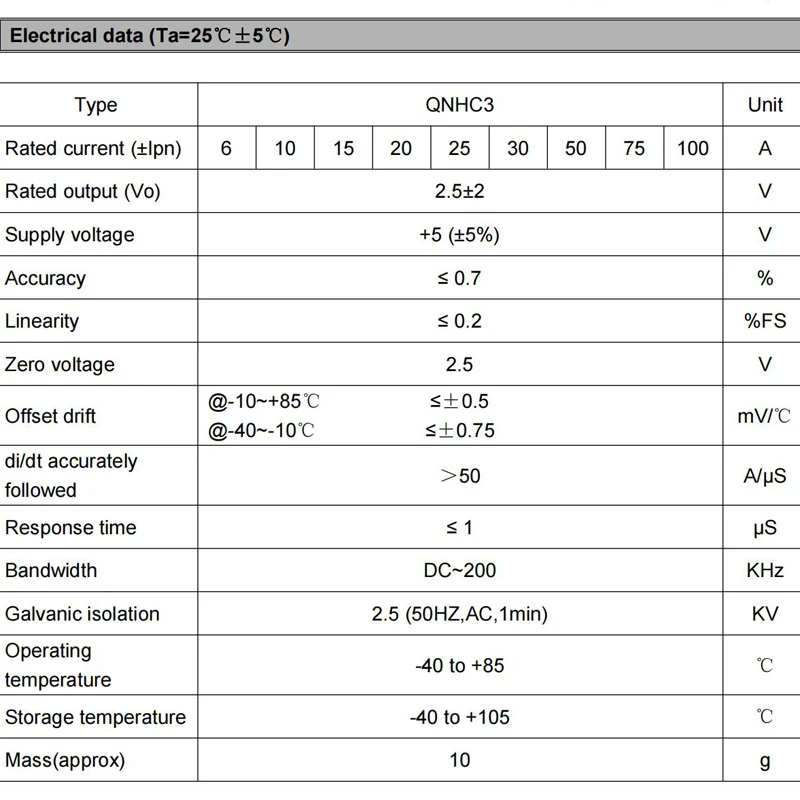 Hall Current Sensor QNHC3 6A 10A 15A 20A 25A 30A 50A 100A / 2.5V±2V 1.65V±0.625V PCB Mount Hall Current Transducer Factory