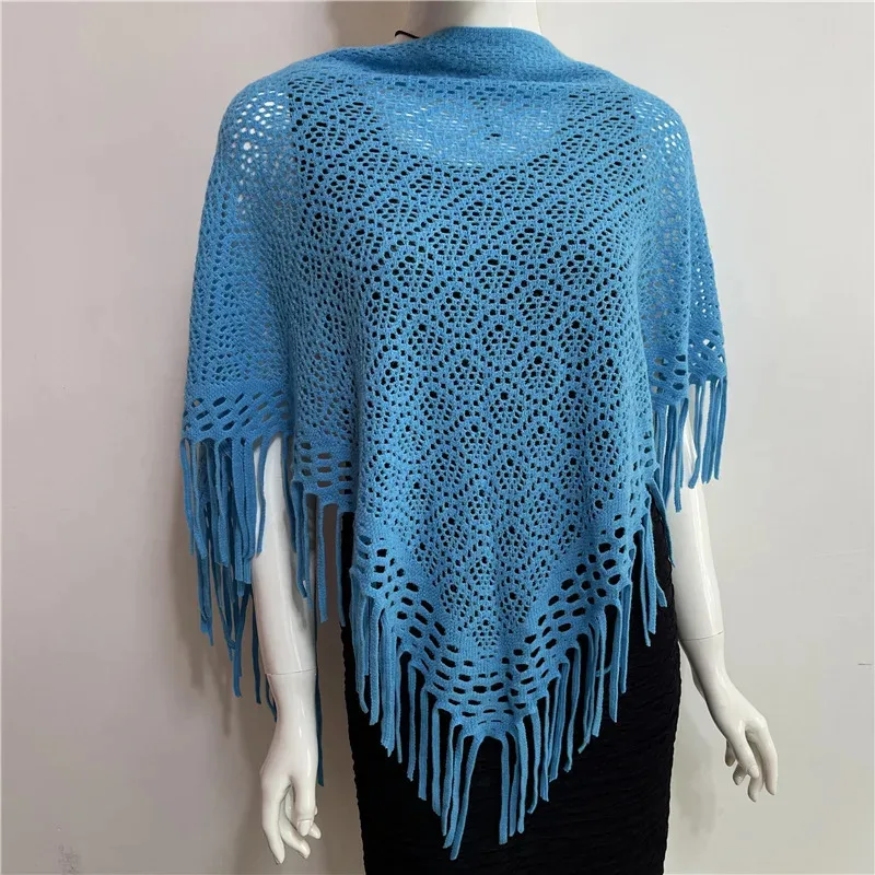 Fashion Solid Color Air Conditioning Warm Knitted Shawl Women Winter Fringed Flower Hollow Triangle Scarf