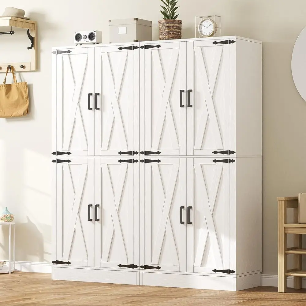 

71 High Kitchen Pantry Cabinet with Barn Door, 8 Adjustable Shelves, Ideal for Cupboard, Dining, Living, Utility Rooms, White, 2