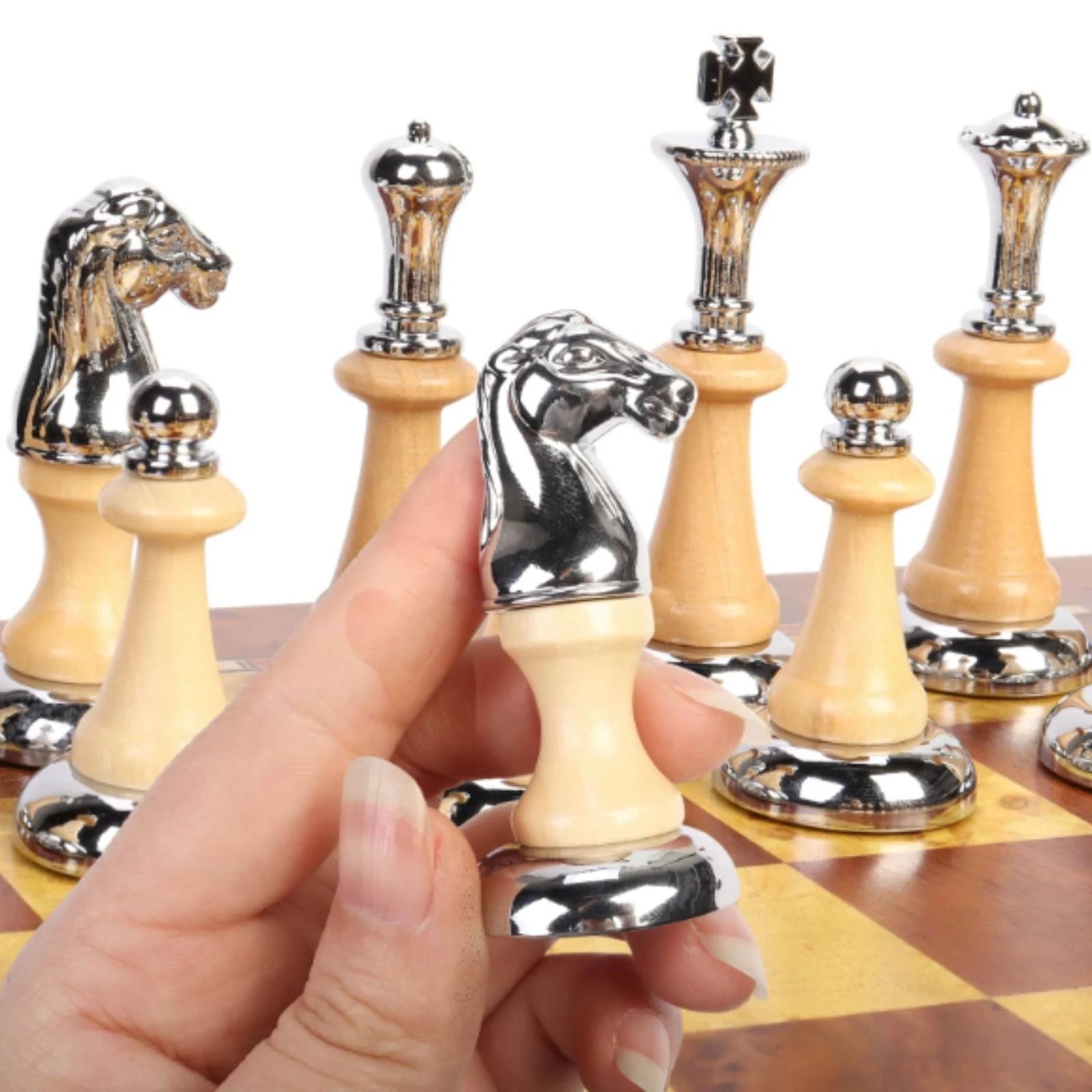 Chess Set with Storage Drawer Desktop Wooden Chess Set Chessboard with Drawer Gold-Tone Premium for Adults, Game Room, Study