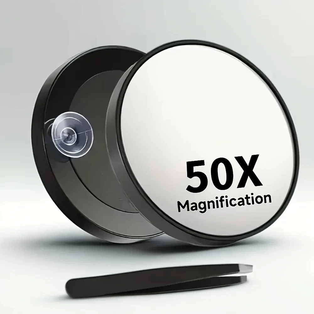 50 Times Suction Cup Magnifying Mirror + Flat Eyebrow Tweezers Combo Stainless Steel Precision Tweezers Facial Blackhead Acne Pimple Remover Mirror Set Portable Skincare Beauty Tool