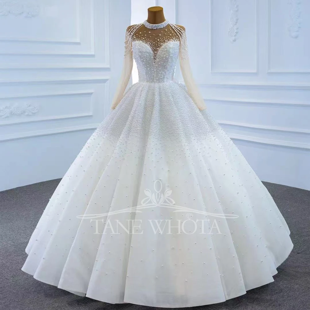 Elegant Turtle Long Sleeves Wedding Dress Lace Up Back Beading Pearls Bridal Dress